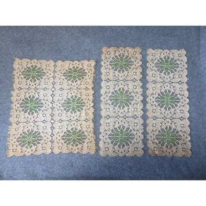 Vintage Handmade Crochet Lace Doilies Green Floral Accents Set 3 Table Decor 11"